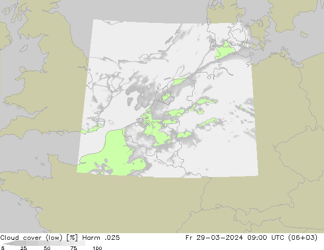 Cloud cover (low) Harm .025 Fr 29.03.2024 09 UTC