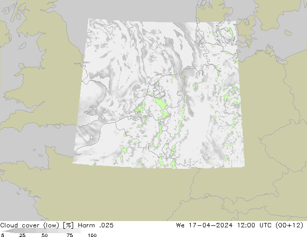 zachmurzenie (niskie) Harm .025 śro. 17.04.2024 12 UTC