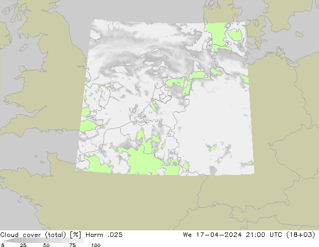 Cloud cover (total) Harm .025 St 17.04.2024 21 UTC