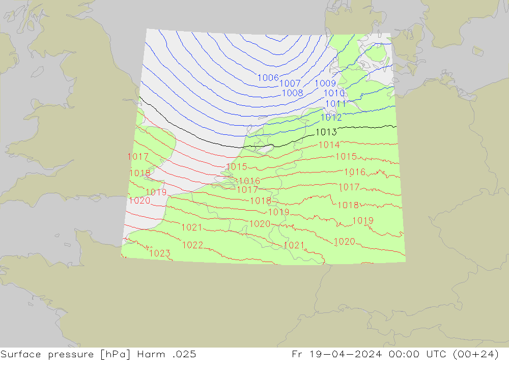 Surface pressure Harm .025 Fr 19.04.2024 00 UTC
