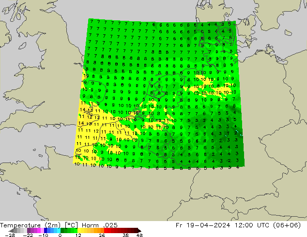 Temperatuurkaart (2m) Harm .025 vr 19.04.2024 12 UTC