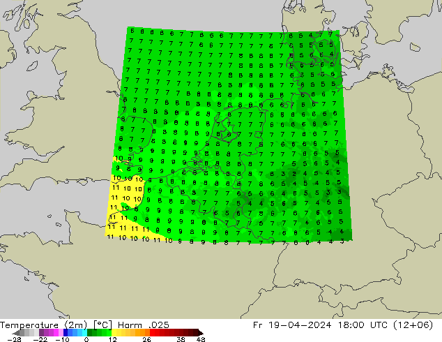 Temperatura (2m) Harm .025 vie 19.04.2024 18 UTC