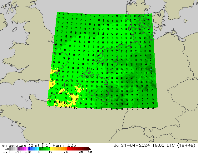 Temperature (2m) Harm .025 Su 21.04.2024 18 UTC