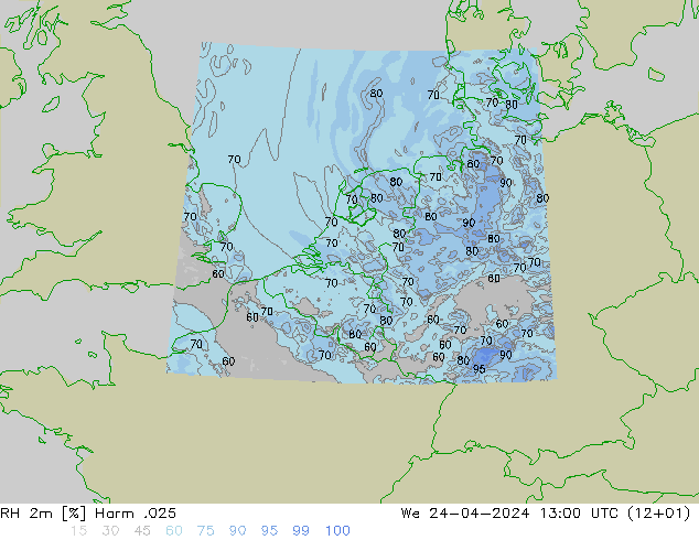 Humidité rel. 2m Harm .025 mer 24.04.2024 13 UTC