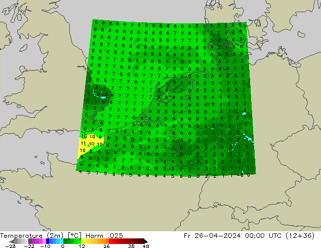 Temperature (2m) Harm .025 Fr 26.04.2024 00 UTC