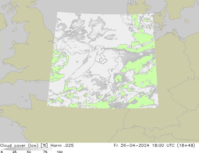 Cloud cover (low) Harm .025 Fr 26.04.2024 18 UTC