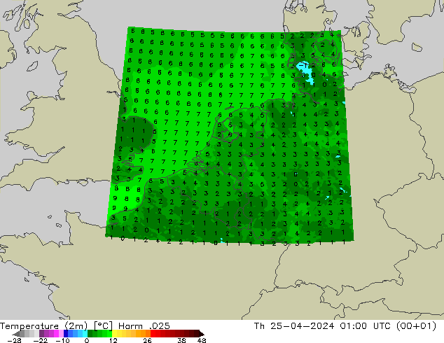 Temperatuurkaart (2m) Harm .025 do 25.04.2024 01 UTC