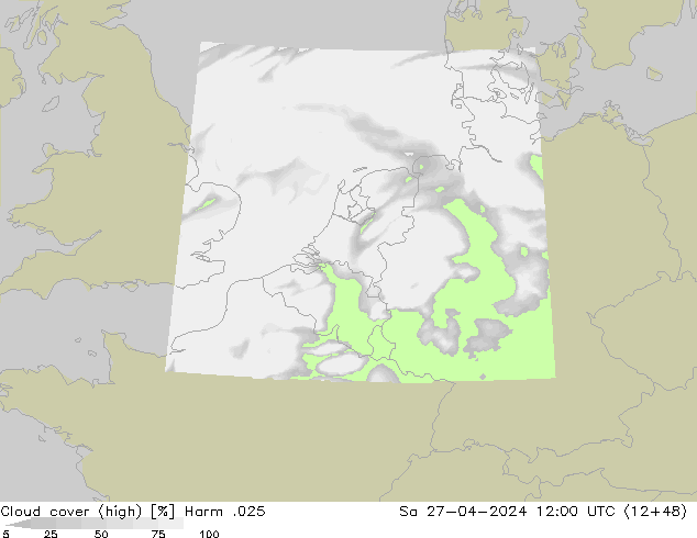 Cloud cover (high) Harm .025 Sa 27.04.2024 12 UTC