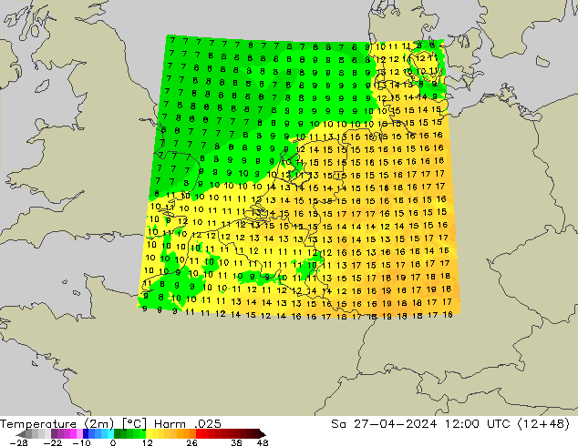 mapa temperatury (2m) Harm .025 so. 27.04.2024 12 UTC