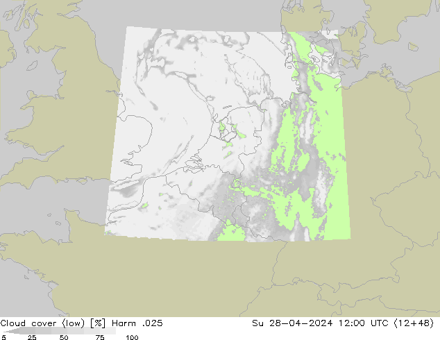 Cloud cover (low) Harm .025 Su 28.04.2024 12 UTC