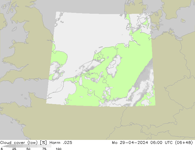 Cloud cover (low) Harm .025 Mo 29.04.2024 06 UTC