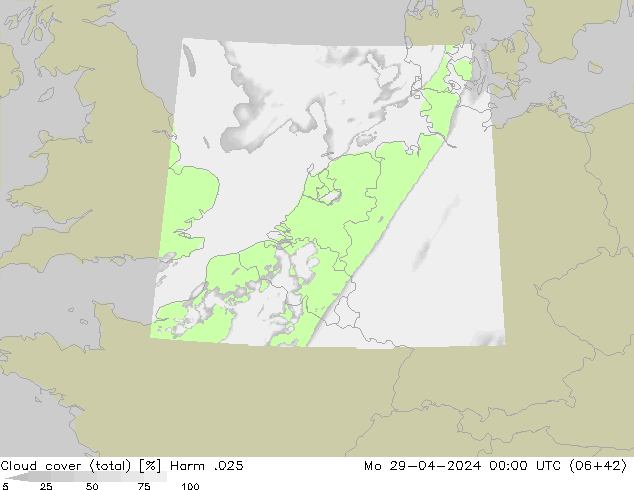 Cloud cover (total) Harm .025 Mo 29.04.2024 00 UTC