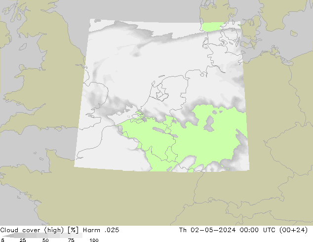 Cloud cover (high) Harm .025 Th 02.05.2024 00 UTC