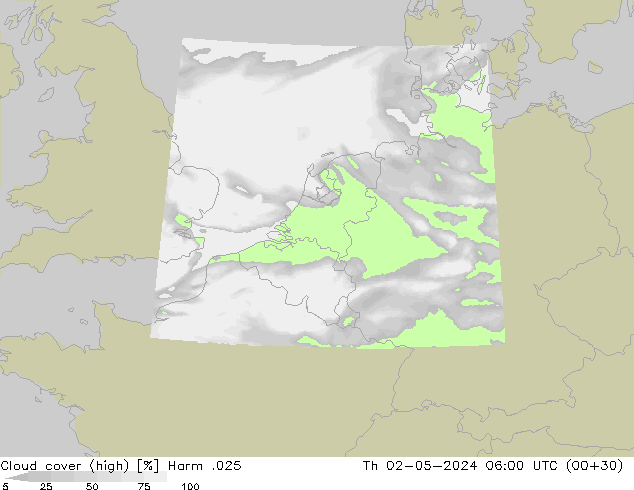 Cloud cover (high) Harm .025 Th 02.05.2024 06 UTC