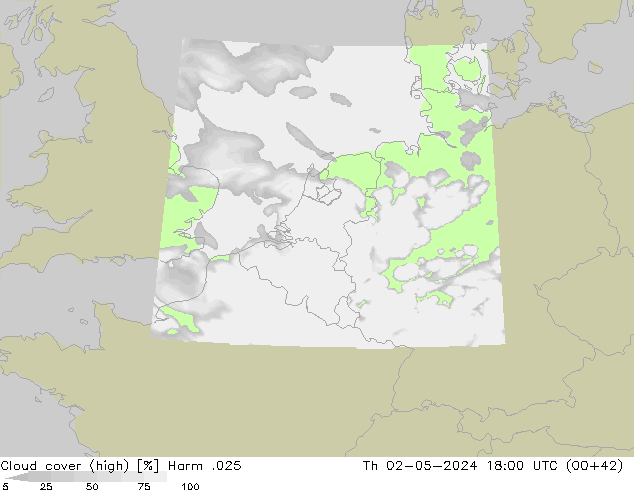 Cloud cover (high) Harm .025 Th 02.05.2024 18 UTC