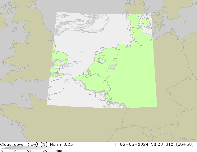 Cloud cover (low) Harm .025 Th 02.05.2024 06 UTC