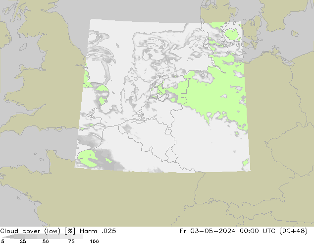 Cloud cover (low) Harm .025 Fr 03.05.2024 00 UTC