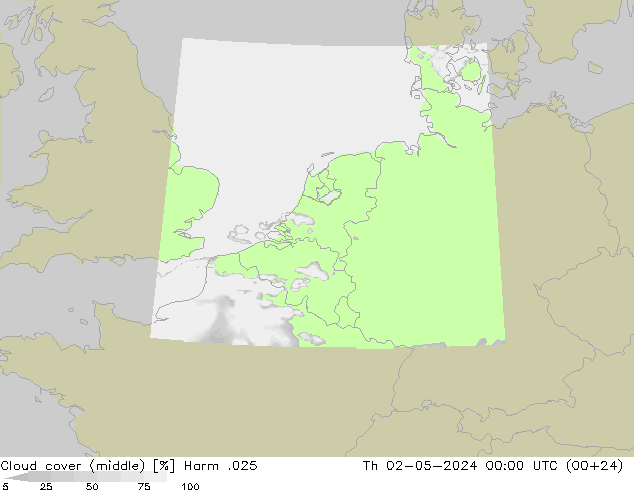 Cloud cover (middle) Harm .025 Th 02.05.2024 00 UTC