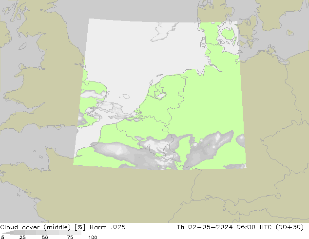 Cloud cover (middle) Harm .025 Th 02.05.2024 06 UTC