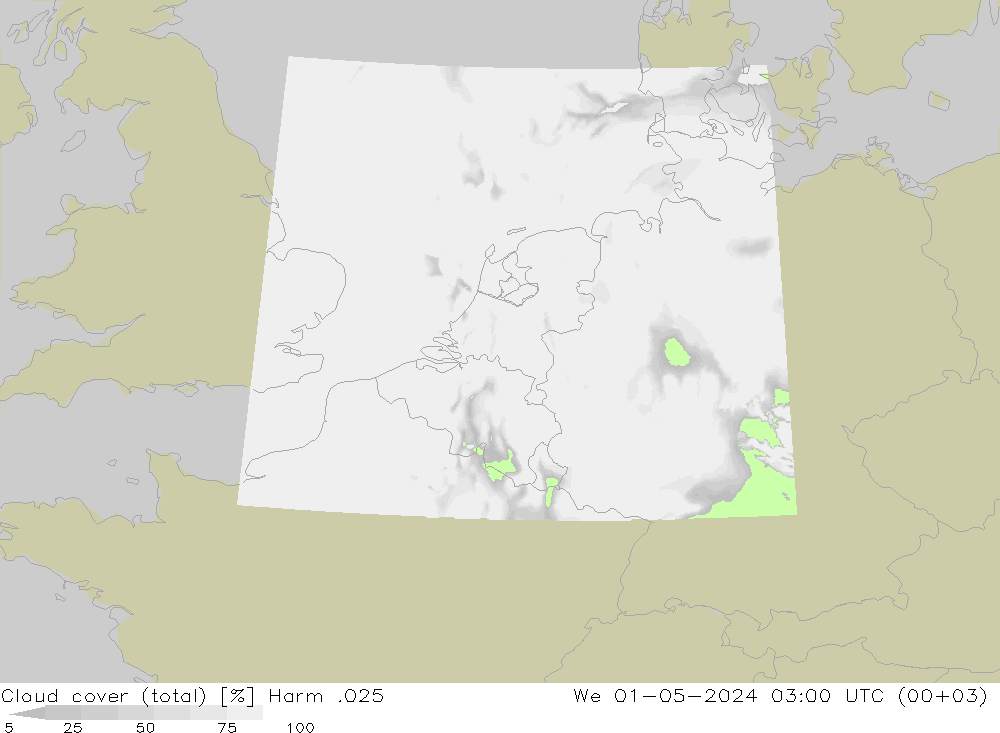 Cloud cover (total) Harm .025 St 01.05.2024 03 UTC