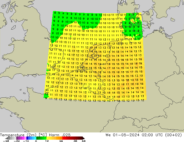 Temperaturkarte (2m) Harm .025 Mi 01.05.2024 02 UTC