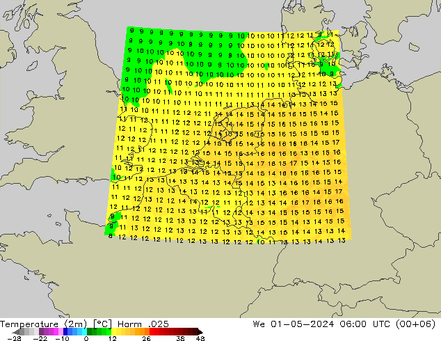 Temperatura (2m) Harm .025 Qua 01.05.2024 06 UTC