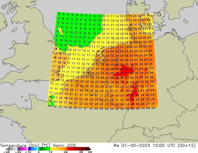 Temperatuurkaart (2m) Harm .025 wo 01.05.2024 12 UTC