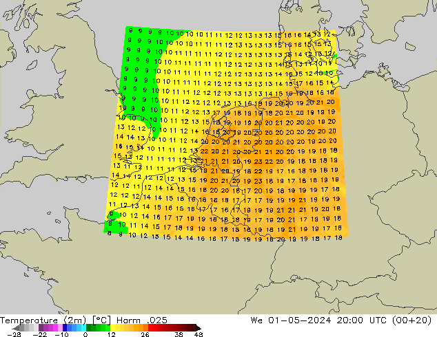 Temperaturkarte (2m) Harm .025 Mi 01.05.2024 20 UTC