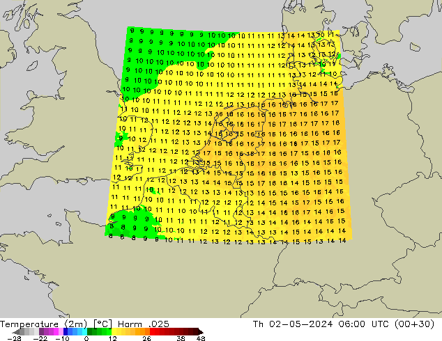 Temperatuurkaart (2m) Harm .025 do 02.05.2024 06 UTC