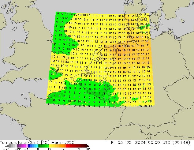 Temperatuurkaart (2m) Harm .025 vr 03.05.2024 00 UTC