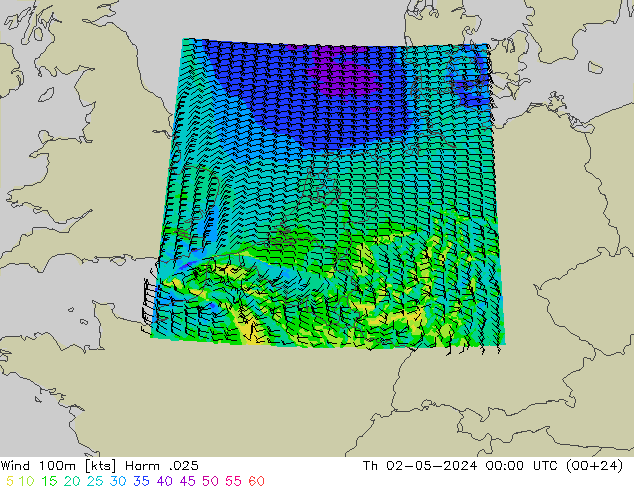 Wind 100m Harm .025 Čt 02.05.2024 00 UTC