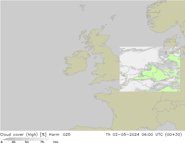 Cloud cover (high) Harm .025 Th 02.05.2024 06 UTC