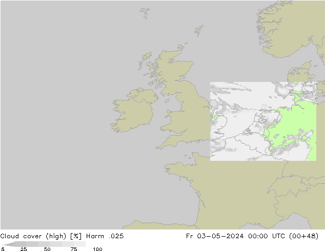 Cloud cover (high) Harm .025 Fr 03.05.2024 00 UTC