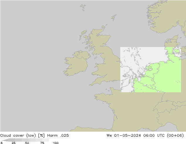 Cloud cover (low) Harm .025 We 01.05.2024 06 UTC