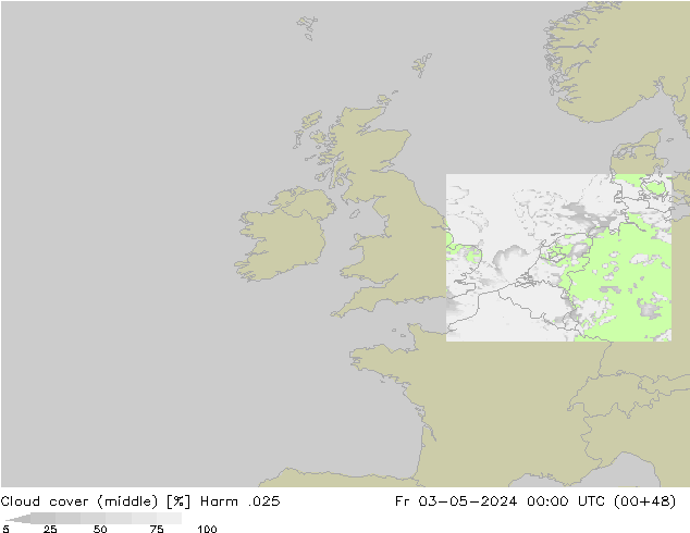 Cloud cover (middle) Harm .025 Fr 03.05.2024 00 UTC