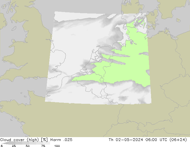 Cloud cover (high) Harm .025 Th 02.05.2024 06 UTC