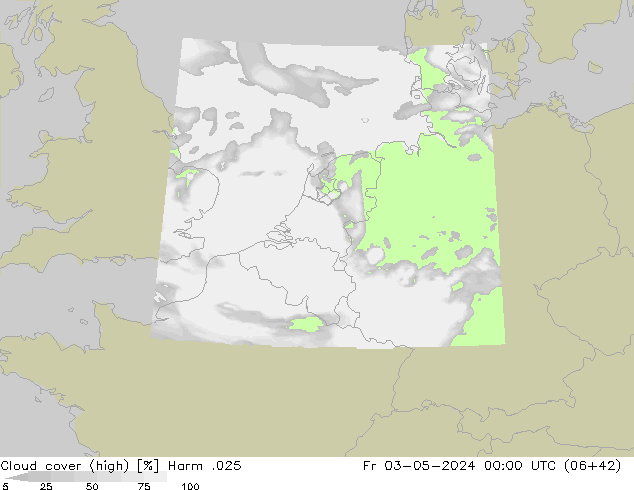 Cloud cover (high) Harm .025 Fr 03.05.2024 00 UTC