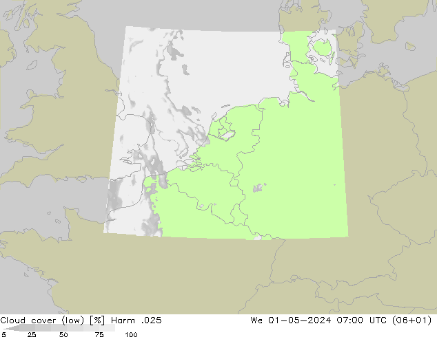 Cloud cover (low) Harm .025 We 01.05.2024 07 UTC