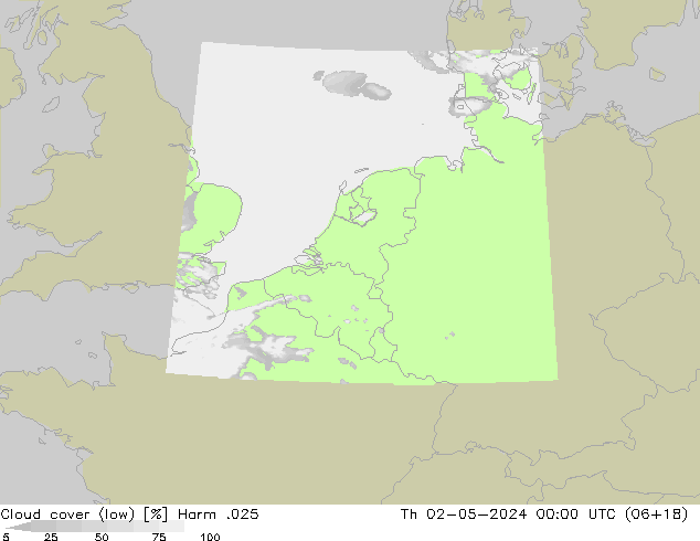 Cloud cover (low) Harm .025 Th 02.05.2024 00 UTC