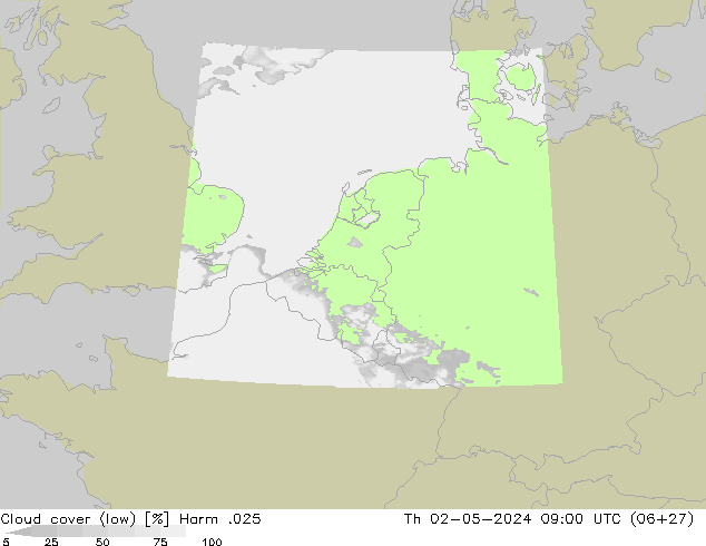 Cloud cover (low) Harm .025 Th 02.05.2024 09 UTC