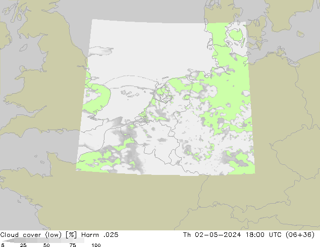 Cloud cover (low) Harm .025 Th 02.05.2024 18 UTC