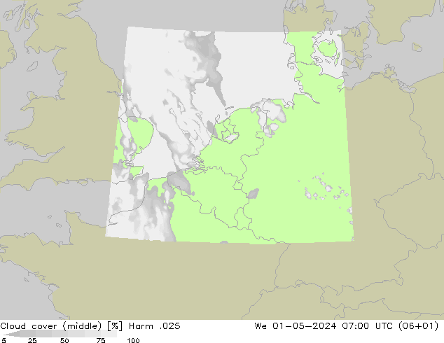 Cloud cover (middle) Harm .025 We 01.05.2024 07 UTC