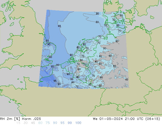 Humedad rel. 2m Harm .025 mié 01.05.2024 21 UTC