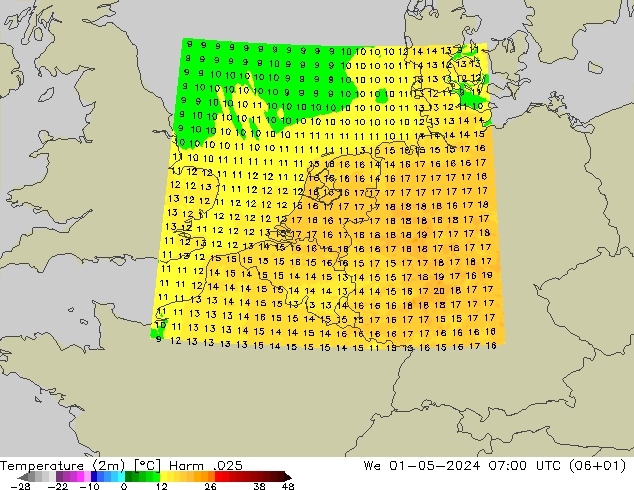 Temperatura (2m) Harm .025 mer 01.05.2024 07 UTC