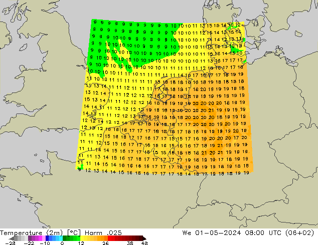 Temperaturkarte (2m) Harm .025 Mi 01.05.2024 08 UTC