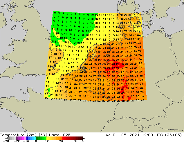 Temperatura (2m) Harm .025 mié 01.05.2024 12 UTC