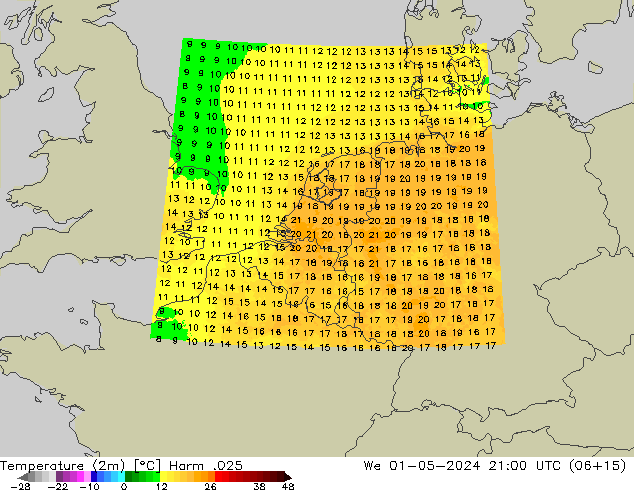 Temperatura (2m) Harm .025 mer 01.05.2024 21 UTC