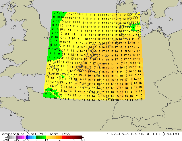 Temperaturkarte (2m) Harm .025 Do 02.05.2024 00 UTC