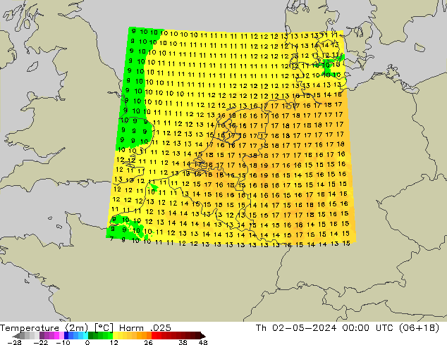 Temperatura (2m) Harm .025 gio 02.05.2024 00 UTC