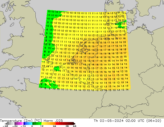 Temperaturkarte (2m) Harm .025 Do 02.05.2024 02 UTC